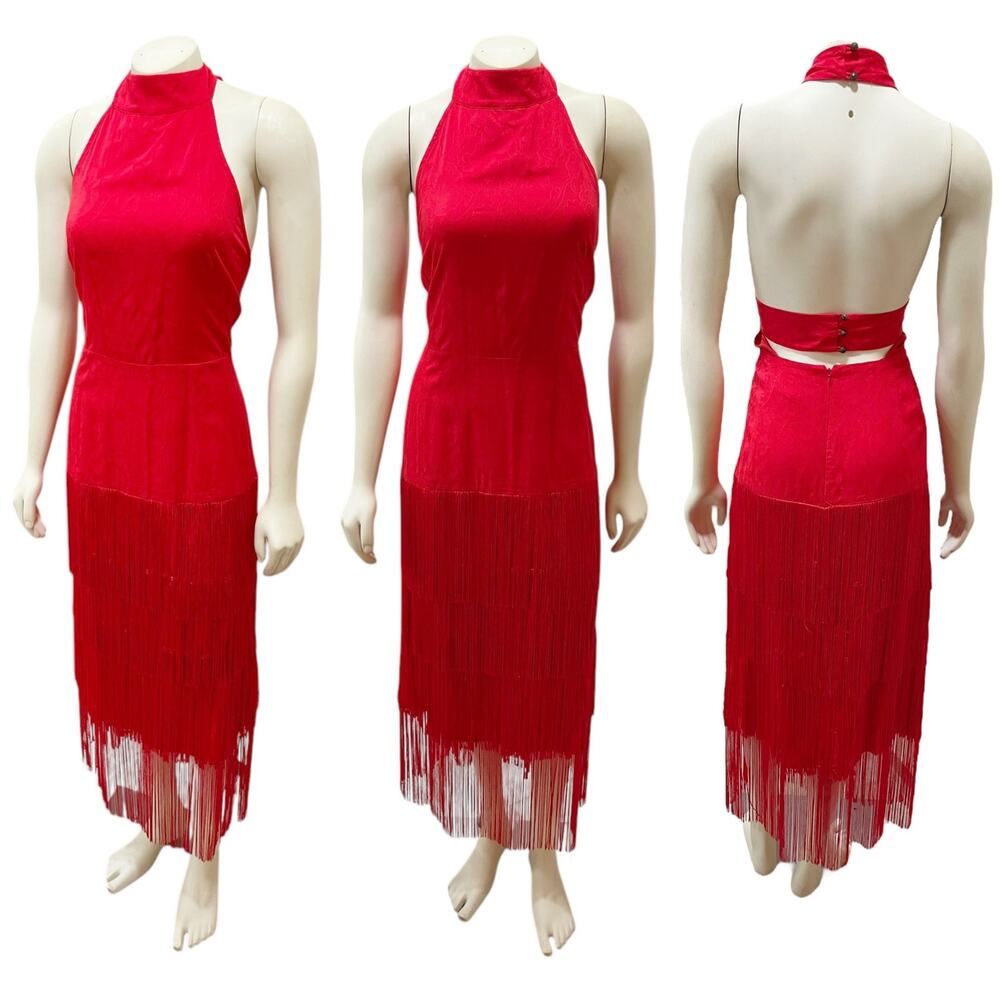 Anthropologie Solid Fringe Halter Maxi Dress Red Size 14